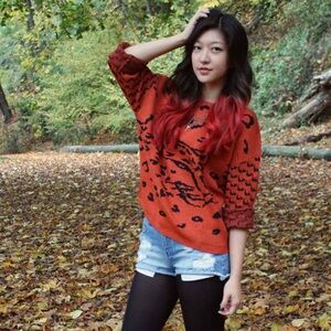 MINKPINK Once A Cheetah Sweater Sz S Rust Orange w/ Black Cheetah and Spots EUC